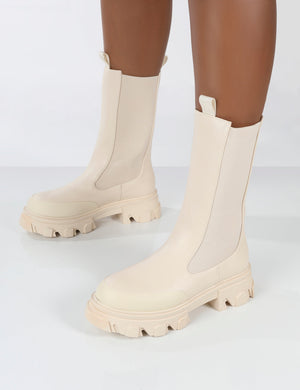 Boston Bone Pu Wide Fit Calf High Chunky Sole Boots