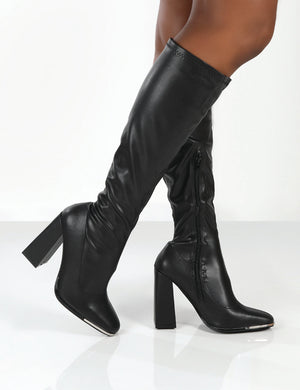 Caryn Black Pu Wide Fit Knee High Heeled Boot