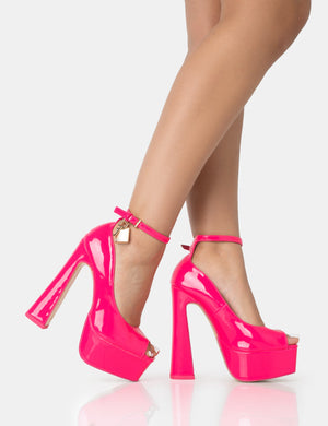Formation Hot Pink Patent Padlock Detail Chunky Square Peep Toe Platform Heels