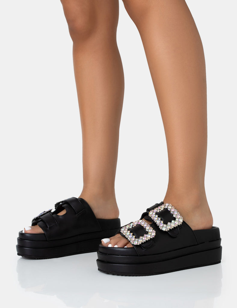Lozzy Black Pu Diamante Buckle Double Strap Platform Slider Sandals ...
