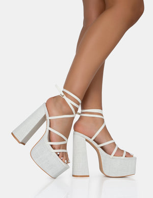 Suki Ecru Linen Strappy Platform Square Toe Block Heels