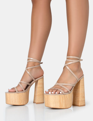 Suki Nude PU Strappy Wood Effect Platform Square Toe Block Heels