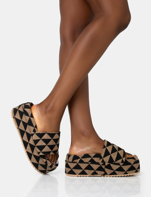 Cowrie Tan Geometric Print Platform Slider Sandal