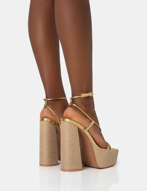 Blissful Gold Asymmetric Strappy Square Toe Raffia Platform Block Heels