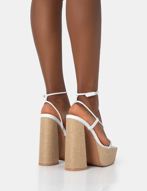 Blissful White PU Asymmetric Strappy Square Toe Raffia Platform Block Heels