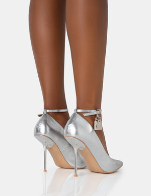 Lotty Metallic Silver Padlock Ankle Detail Pointed Court Stiletto Heels