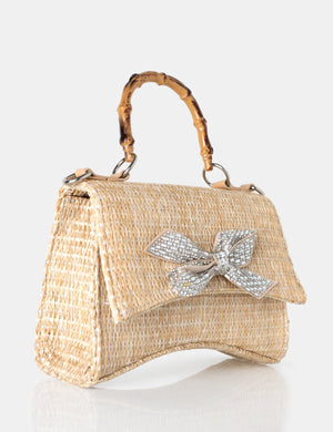 The Bow Natural Raffia Bamboo Handle Diamante Bow Grab Bag