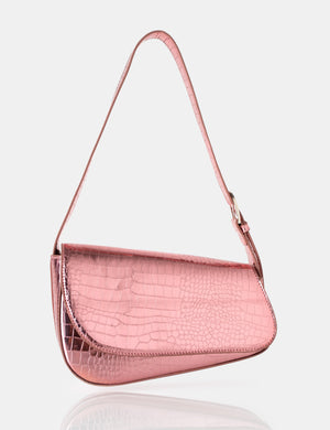 Loz Metallic Pink Croc Asymmetric Shoulder Bag