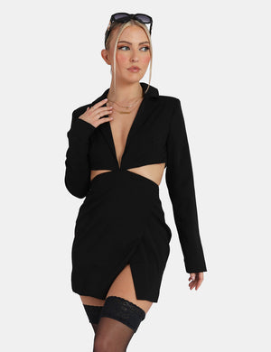 Cut Out Chain Waist Blazer Dress Black