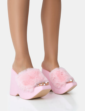 Cutie Pink Faux Fur Platform Wedge Heels