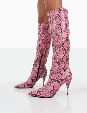 Nicole Pink Snakeskin Slouch Knee High Boots