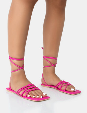 Kelly Hot Pink PU Lace Up Flat Square Toe Sandals