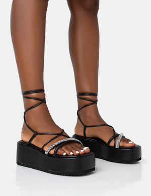 Malia Black Pu Diamante Strap Lace Up Chunky Platform Sandals