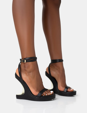 A-List Black Pu Barely There Wrap Around Platform Cut Out Wedge Heels