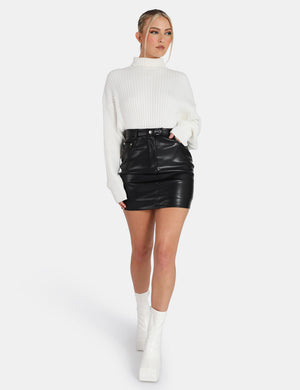 Button Waist Pu Mini Skirt Black