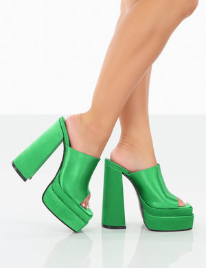 Skyhigh Green Satin Chunky Platform High Heeled Mules