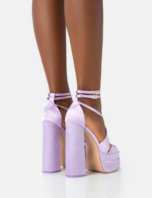 Breanna Lilac Satin Strappy Ankle Extreme Double Platform Block Heels