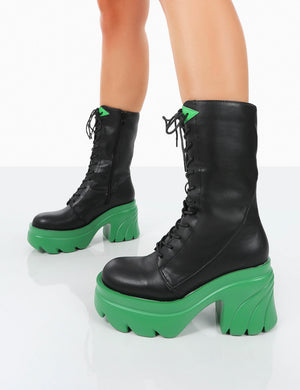 Ever Black Green Laced Chunky Green Sole Ankle Boots