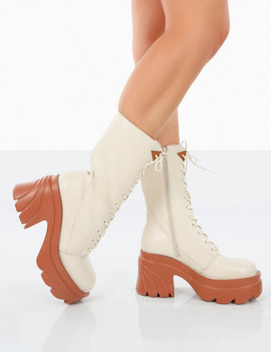Ever Beige Laced Chunky Sole Ankle Boots