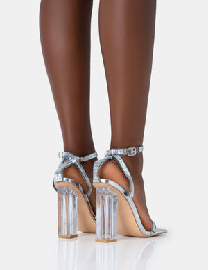Onyx Silver Pu Diamante Mirror Ankle Strap Square Toe Perspex Block Heels