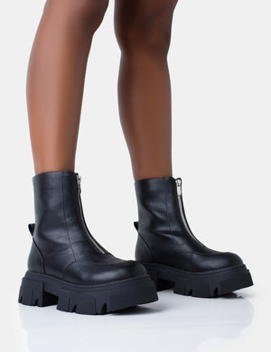 Bergen Black Pu Zip Up Detailed Rounded Toe Chunky Soled Ankle Boots