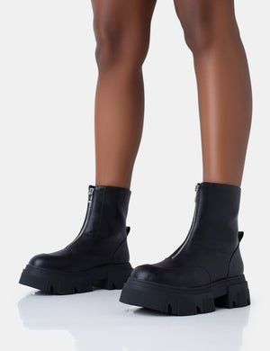 Bergen Black Pu Zip Up Detailed Rounded Toe Chunky Soled Ankle Boots