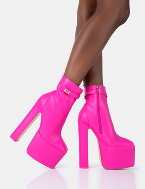 Vally Hot Pink PU Extreme Platform Square Rounded Toe Block Heeled Ankle Boots