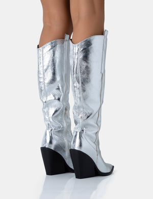 Navada Silver Metallic Wide Fit Western Cowboy Pointed Toe Block Heel Knee High Boots