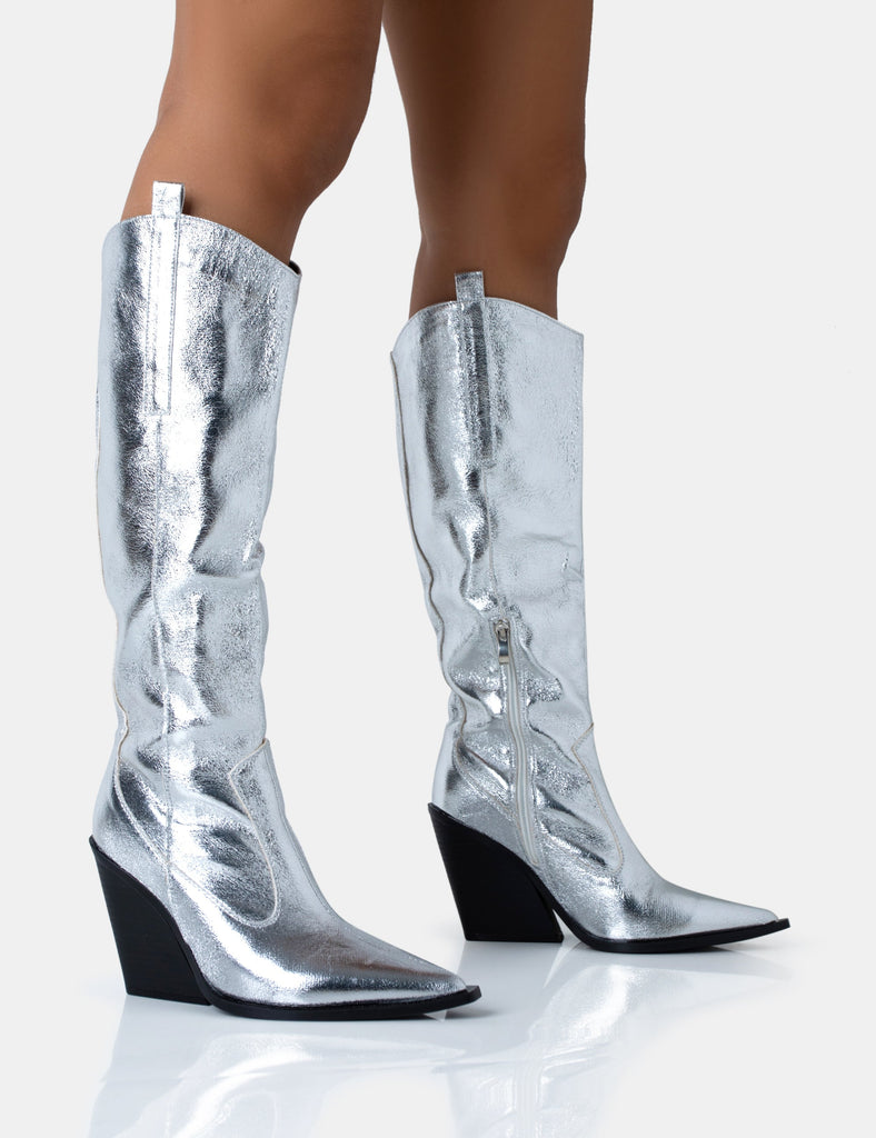 Nevada Silver Metallic Western Cowboy Pointed Toe Block Heel Knee High ...