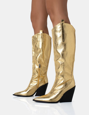 Navada Gold Metallic Western Cowboy Pointed Toe Block Heel Knee High Boots