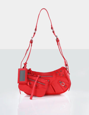 The Trackstar Red Grain Studded Mirror Zip Detail Handbag