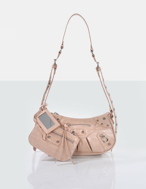 The Trackstar Nude Croc Studded Mirror Zip Detail Handbag