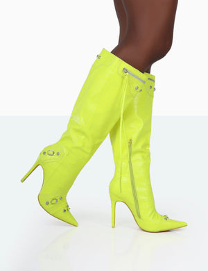 Davina Neon Yellow Pointed Toe Zip Detail Knee High Boots