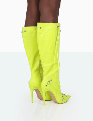 Davina Neon Yellow Pointed Toe Zip Detail Knee High Boots