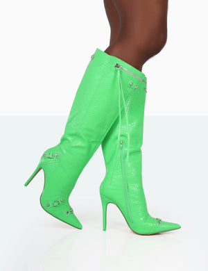 Davina Lime Green Croc Pointed Toe Zip Detail Knee High Boots