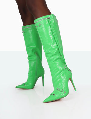 Davina Lime Green Croc Pointed Toe Zip Detail Knee High Boots