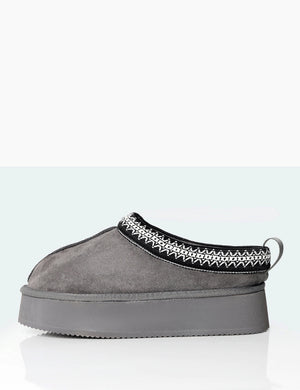Vixon Charcoal Grey Faux Suede Embroidered Slipper Platform Boots