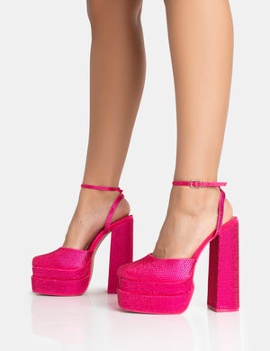 Moonchild Wide Fit Pink Sparkly Diamante Satin Closed Toe Statement Platform Block Heels