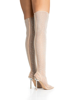 It Girl Nude Diamante Holographic Detailed Mesh Pointed Toe Stiletto Sock Boot Heels
