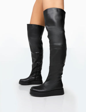 Erica Wide Fit Black Pu Chunky Platform Over The Knee Boots