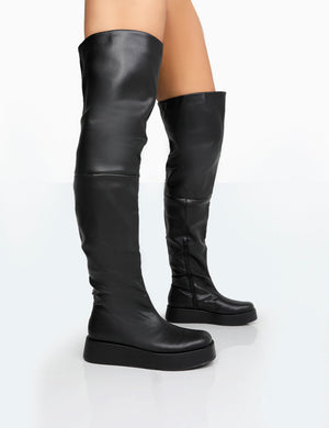 Erica Wide Fit Black Pu Chunky Platform Over The Knee Boots
