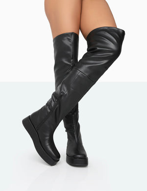 Erica Black Pu Chunky Platform Over The Knee Boots