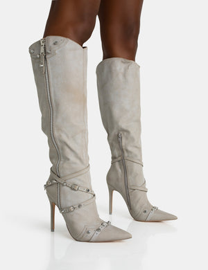 Worthy Aged Pu Studded Zip Detail Pointed Toe Stiletto Knee High Boots