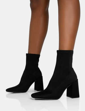 Delani Black Neoprene Zip Up Rounded Pointed Toe Block Heel Ankle Boots
