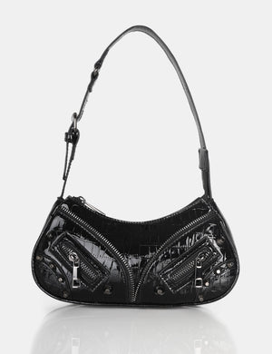 The Candice Zip Detailed Black Croc Shoulder Bag