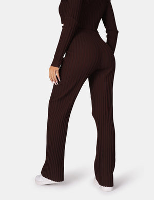 Ribbed Knitted Wide Leg Trousers Chocolate