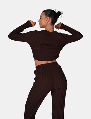 Lace Up Ribbed Crop Top Chocolate
