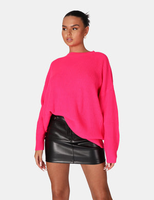 Oversized Knitted Crew Neck Jumper Pink