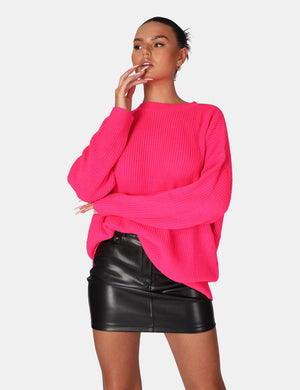 Oversized Knitted Crew Neck Jumper Pink