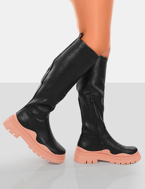 On Point Pink Black PU Chunky Sole Knee High Boots